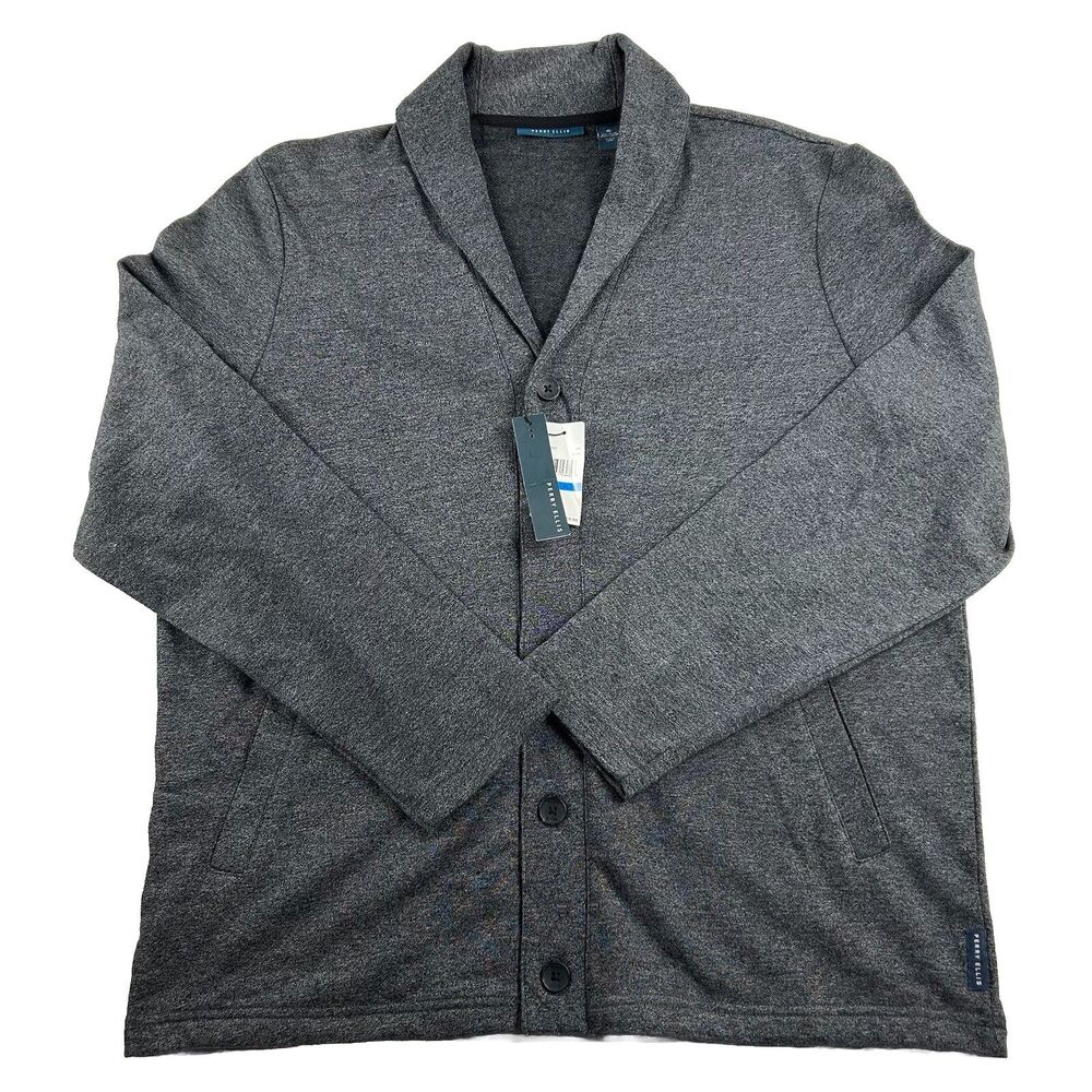 Perry Ellis Cardigan Sweater Mens XL Gray Button Up Long Sleeve Pockets New